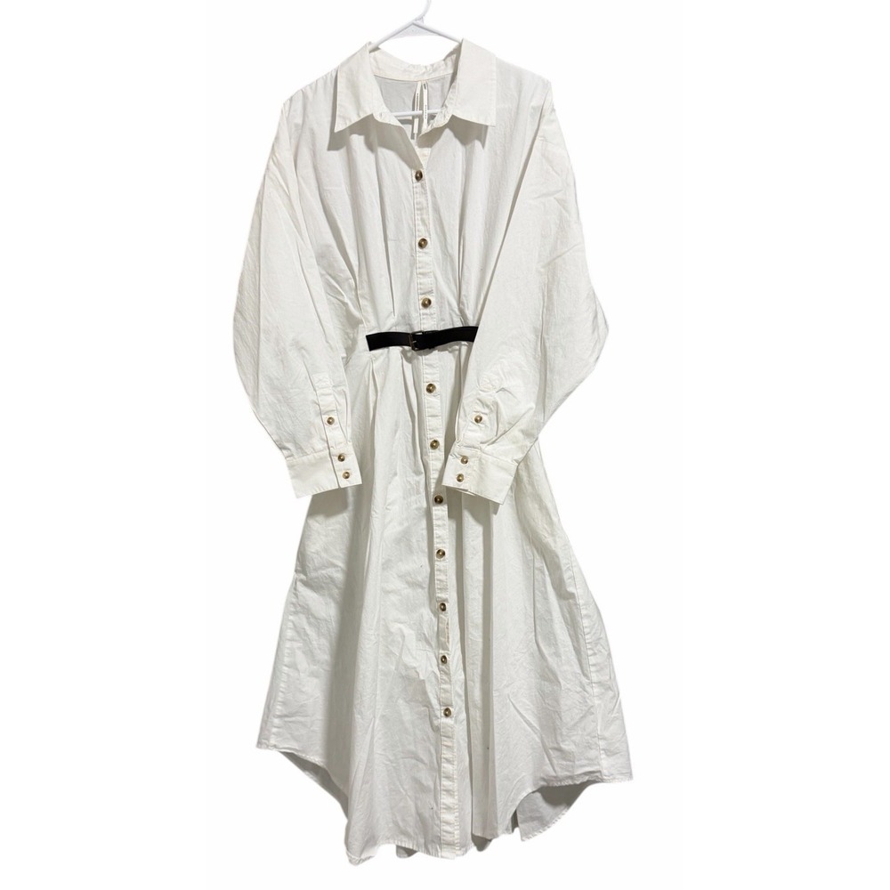 Anthropologie Pleated‎ Buckle Midi Shirt Dress White Women's Size 12
